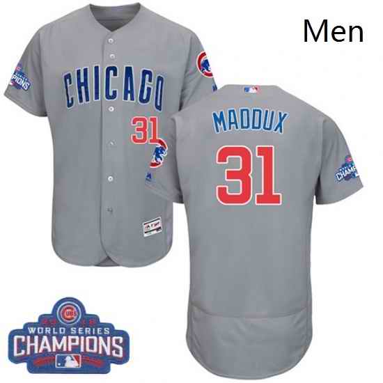 Mens Majestic Chicago Cubs 31 Greg Maddux Grey 2016 World Series Champions Flexbase Authentic Collection MLB Jersey
